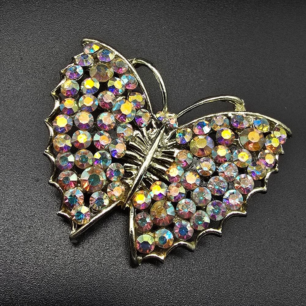 Aurora Borealis Rhinestone Butterfly Brooch Gold Tone Vintage Jewelry